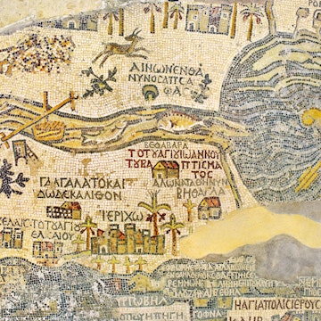 Jordan. Madaba (biblical Medeba) - St. George's Church. Fragment of the oldest floor mosaic map of the Holy Land - the Jordan River and the Dead Sea; Shutterstock ID 34182559; Your name (First / Last): Lauren Keith; GL account no.: 65050; Netsuite department name: Online Editorial; Full Product or Project name including edition: Jordan Online Update