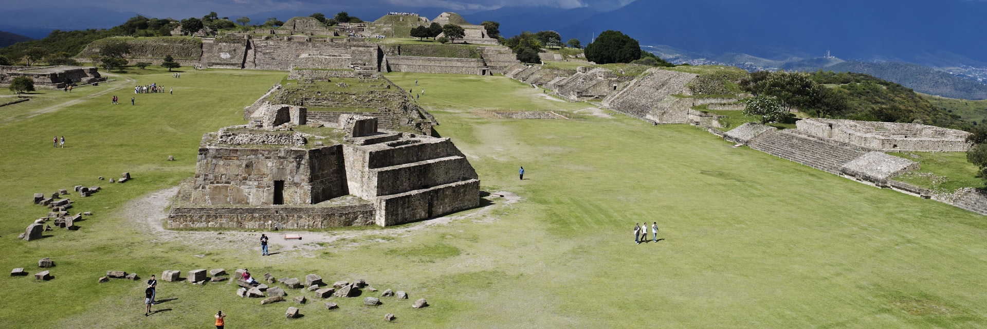 Overview of Monte Alban archaeological site on mountain-top above Oaxaca City.