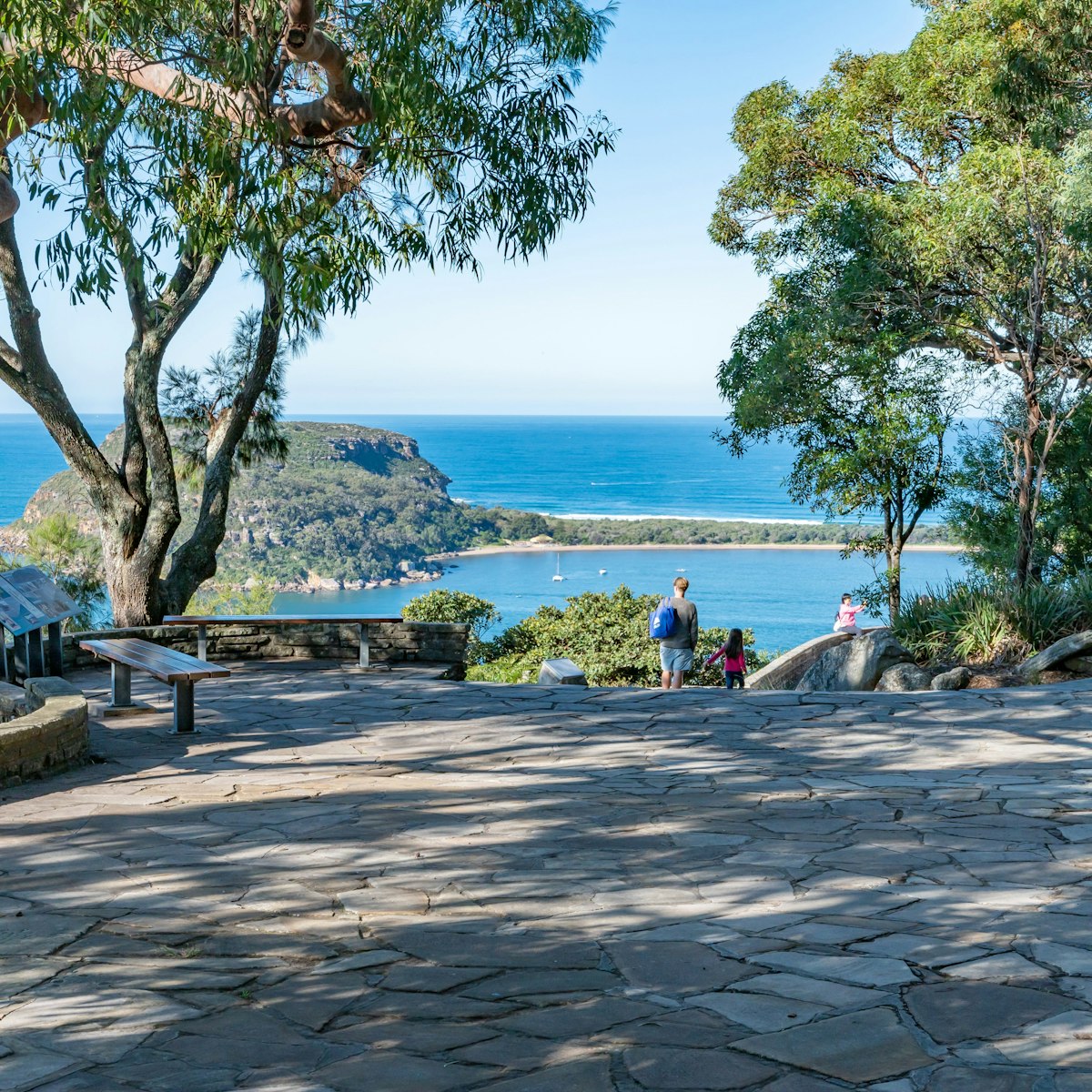 Beautiful Area with stone pavement at West Head Lookout Point and Barrenjoey Head background Blur - stock photo
Sydney NSW Australia - June 5th 2020 - Ku-ring-gai Chase National Park on a sunny winter afternoon