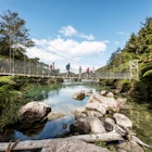 Family of five walking a rope suspension bridge across a calm lagoon