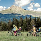 Family with small children cycling outdoors in summer nature, Tatra mountains Slovakia