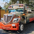 Antigua, Guatemala cerca 2023: Chicken bus running in Antigua Guatemala