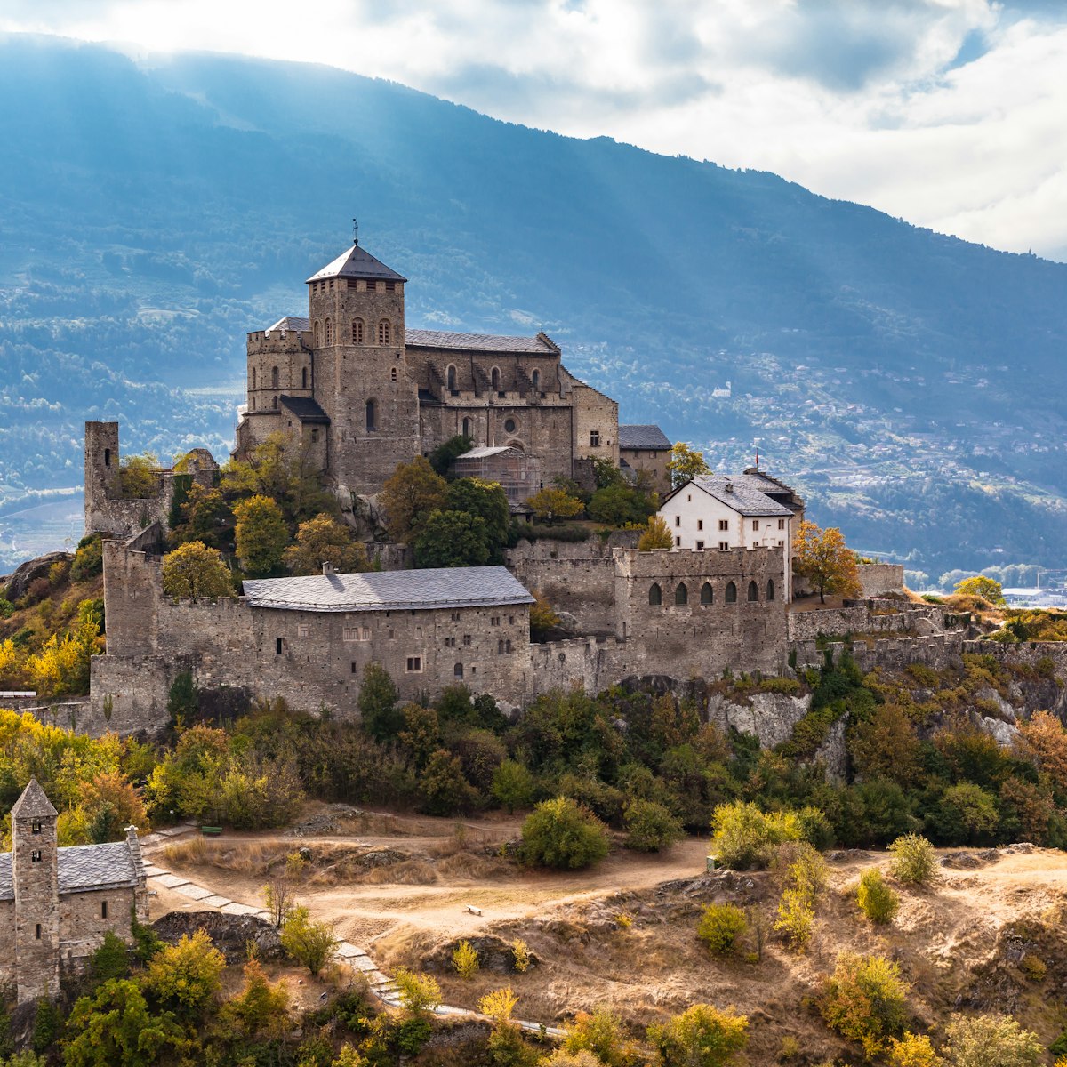 The Valere Basilica, an ancient fortified church in Sion, Canton of Valais, Switzerland.