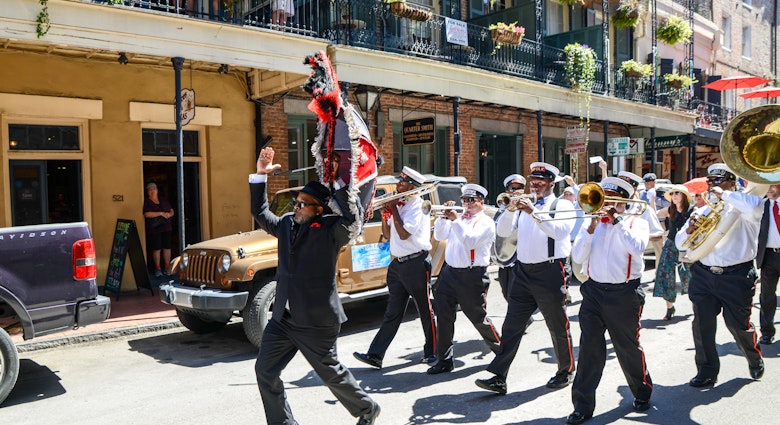 New Orleans, Louisiana / USA - March 31, 2017:  A Second Line band plays as it marches in the French Quarter in New Orleans, Louisiana.
618097991
A Second Line band plays as it marches in the French Quarter in New Orleans, Louisiana.