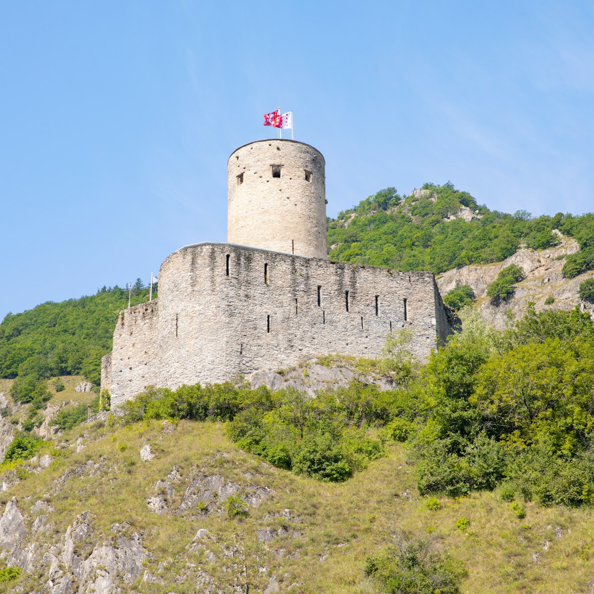The medieval Château de la Bâtiaz in Martigny, Valais, Switzerland.