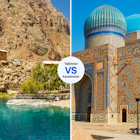 L: Seven Lakes, Fann Mountains, Tajikistan; R: Mausoleu d'Ahmad Yasawi in Turquestan